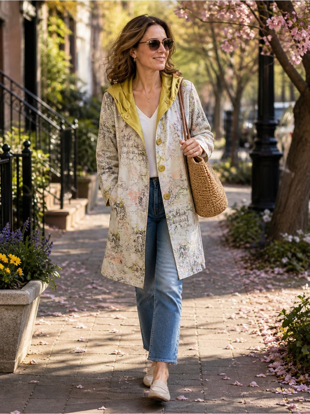 Lightweight Floral Hooded Coat in Yellow-Trim
